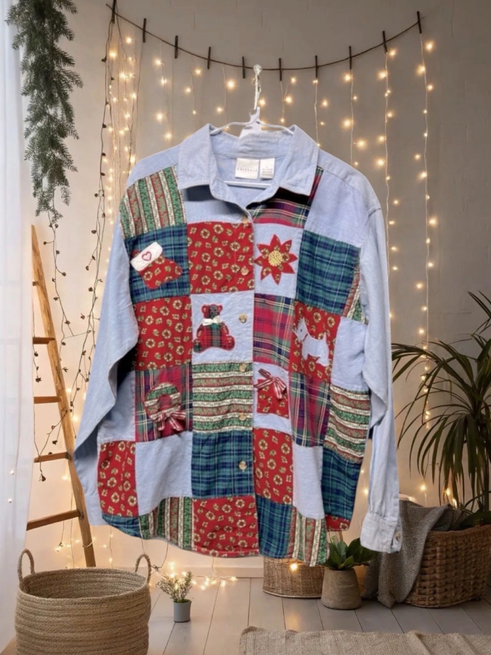 Partners Vintage Quilted Patchwork Christmas bear Country button down shirt L